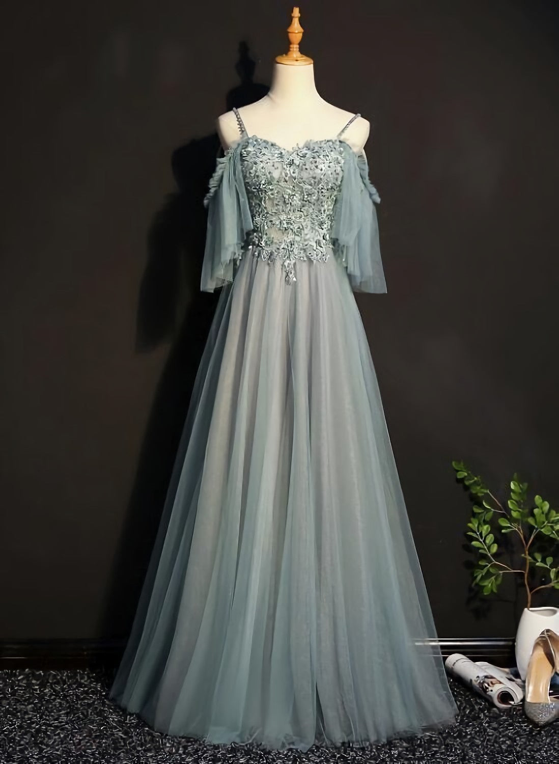 Prom Dresses Glitter, Lovely Tulle Off Shoulder Long Prom Gown Elegant Unique Party Dress