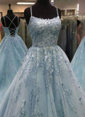 Prom Dress Curvy, Beautiful A Line Spaghetti Straps Blue Long Prom Evening Dresses, With Appliques