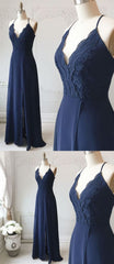 Prom Dresses Chiffon, Spaghetti Straps Floor Length Navy Blue Lace Prom Dresses, Navy Blue Lace Formal Evening Bridesmaid Dresses