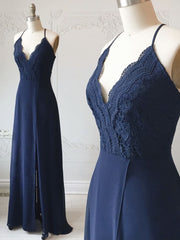 Prom Dresses Shorts, Spaghetti Straps Floor Length Navy Blue Lace Prom Dresses, Navy Blue Lace Formal Evening Bridesmaid Dresses
