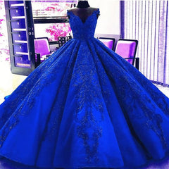 Prom Dress Long Ball Gown, Gorgeous Royal Blue Appliques Beads Quinceanera Dresses, Formal Ball Gown Prom Dress