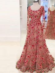 Prom Dresses Long Open Back, A Line Scoop Long Sleeves Champagne Floral Lace Formal Prom Dress