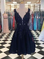 Prom Dress Inspiration, Dark Navy Lace Beading Sleeveless Illusion Homecoming Dresses