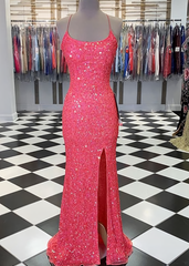 Prom Dress Styling Hair, Spaghetti Straps Coral Pink Sequin Mermaid Prom Dress, With Slit