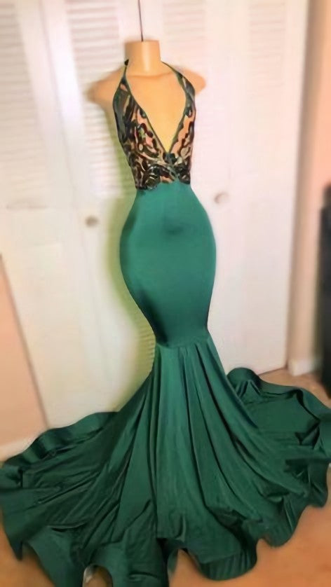 Prom Dresses Navy, Pine Green Halter Plunging V Neck Sequin Court Long Train Mermaid Prom Dress