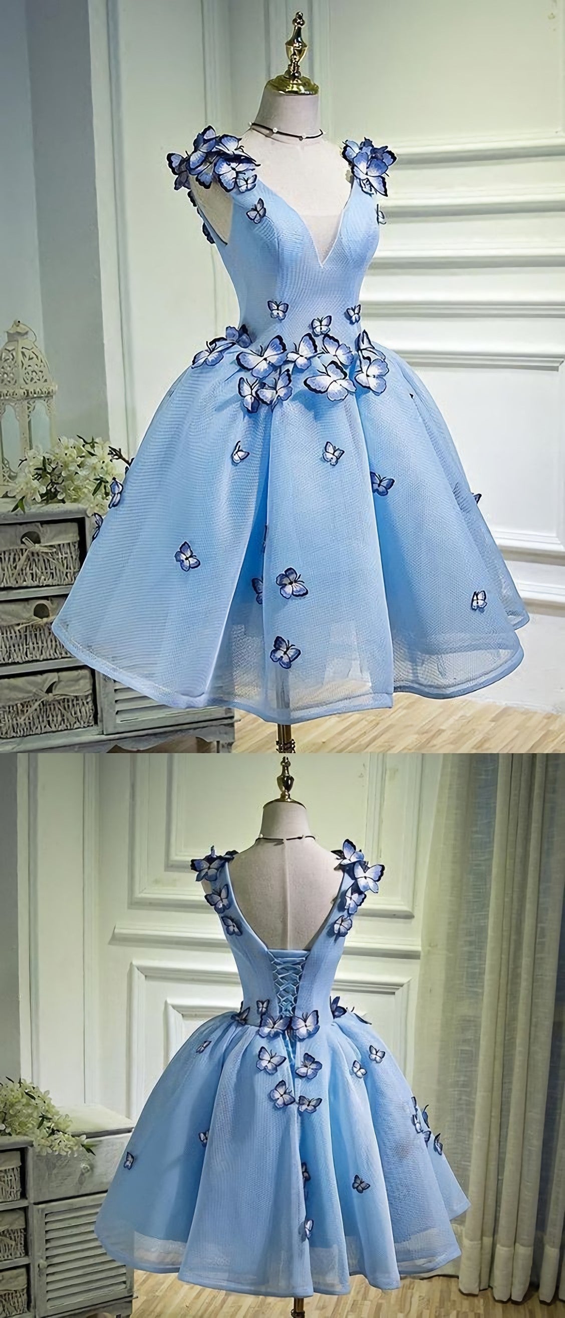 Prom Dresses Ideas, Sky Blue Butterfly Short Homecoming Dress, Party Dresses