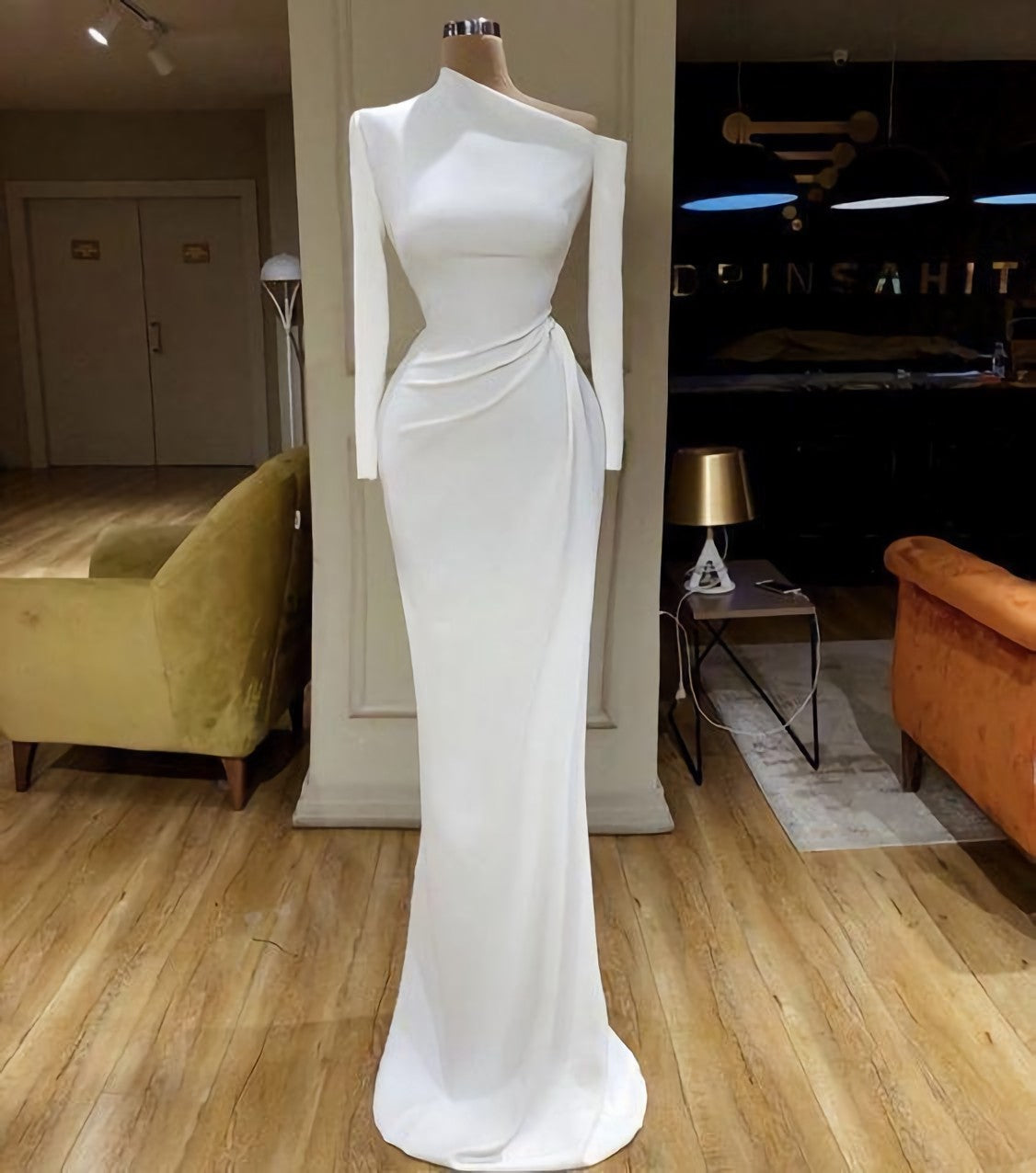 Prom Dresses Tulle, White Evening Dresses, Long Sleeve Modest Simple Mermaid Elegant Cheap Formal Prom Dresses