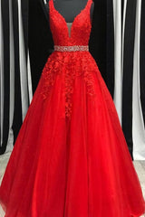 Prom Dress Colorful, Red Lace Prom Dresses, Applique Party Dresses, A Line Evening Prom Dress