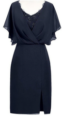 Homecomming Dresses Green, Sheath V Neck Short Navy Blue Chiffon Mother Of The Bride Homecoming Dress, With Beading