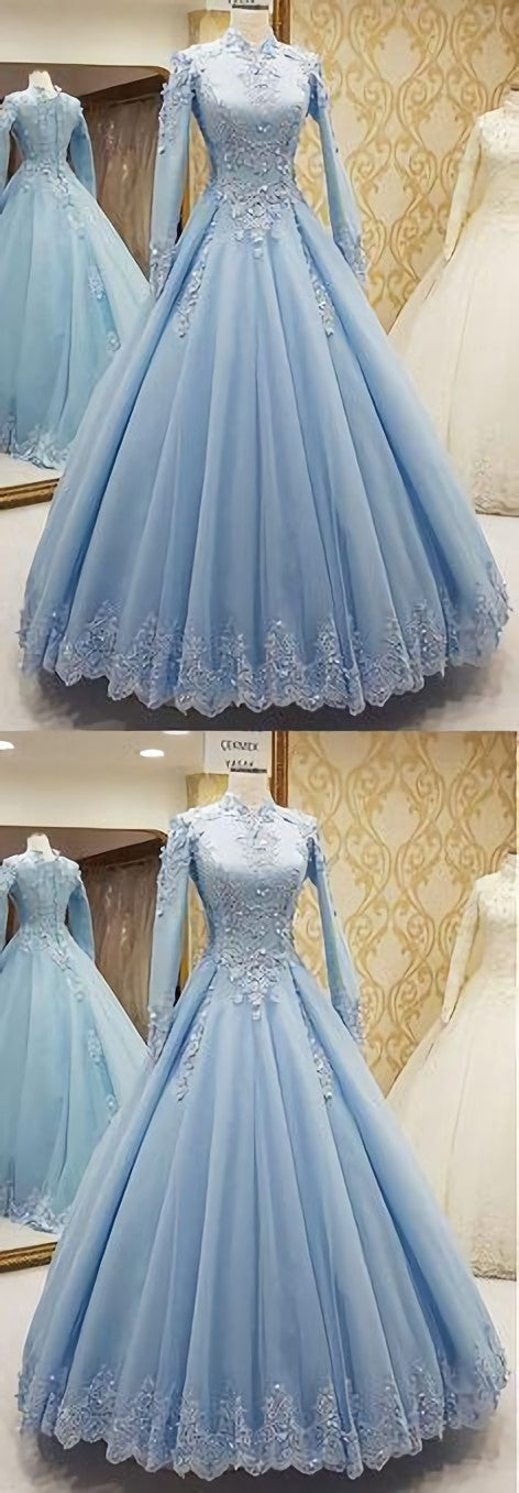 Prom Dresses 2035, Blue Tulle High Neck Customize Formal Evening Dress, With Long Sleeves