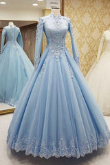 Prom Dresses2028, Blue Tulle High Neck Customize Formal Evening Dress, With Long Sleeves
