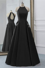 Prom Dress Graduacion, Simple Black Satin Open Back Long O Neck Prom Dress, Evening Dress