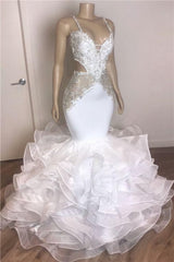 Bridesmaids Dresses Formal, Spaghetti Straps Mermaid Ruffles White Prom Dresses