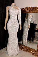 Prom Dresses For 22 Year Olds, Sparkly One Shoulder Silver Floor Length Column Prom Dresses