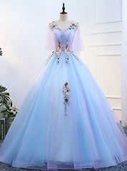 Prom Dresses 2032 Short, Blue V Neck Tulle Floor Length Quinceanera Dresses, Prom Dress, Evening Dress