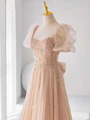 Party Dresses Near Me, Chamapgne Beaded Short Sleeves Tulle A-line Prom Dress, Champagne Party Dress