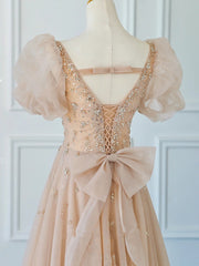 Party Dress Sale, Chamapgne Beaded Short Sleeves Tulle A-line Prom Dress, Champagne Party Dress