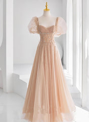 Party Dress Near Me, Chamapgne Beaded Short Sleeves Tulle A-line Prom Dress, Champagne Party Dress