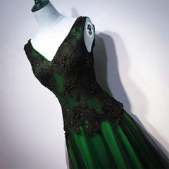 Homecomeing Dresses Long, Chaming Black and Green Tulle V-neckline Long Party Dress, V-neckline Prom Dresses