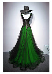 Homecomming Dresses Long, Chaming Black and Green Tulle V-neckline Long Party Dress, V-neckline Prom Dresses