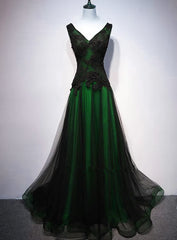 Homecoming Dress Long, Chaming Black and Green Tulle V-neckline Long Party Dress, V-neckline Prom Dresses