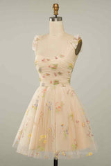 Party Dress On Line, Champagne A-line Bow Tie Straps Pleated Applique Mini Homecoming Dress