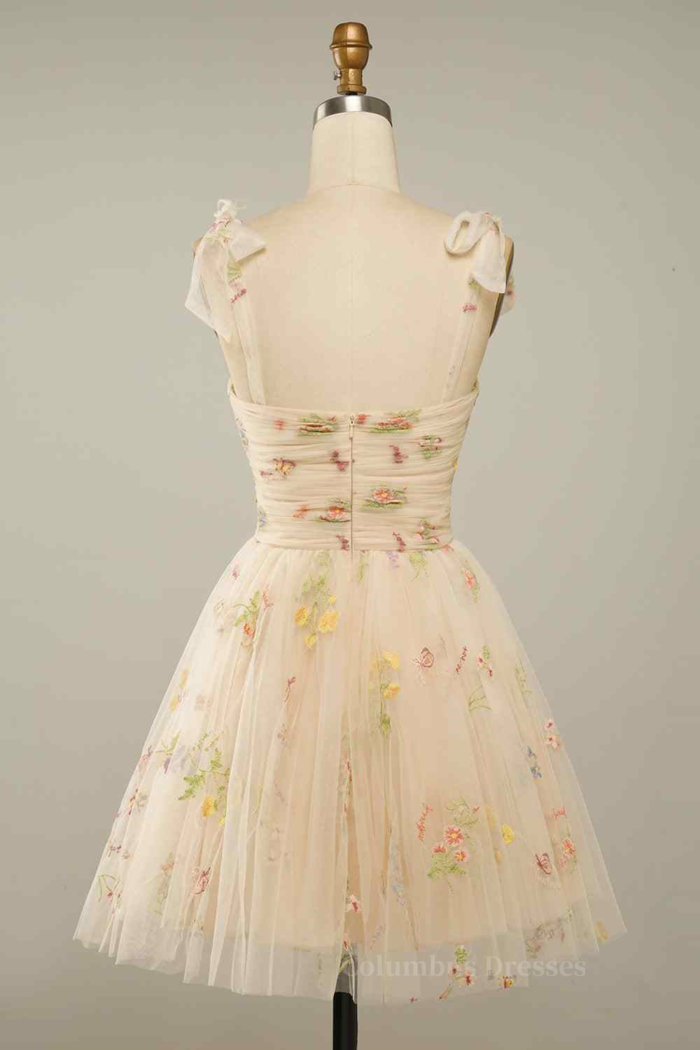 Party Dress Style Shop, Champagne A-line Bow Tie Straps Pleated Applique Mini Homecoming Dress