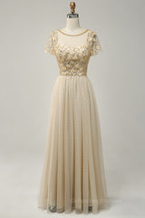 Bridesmaid Dressese Lavender, Champagne A-line Dot Appliques Illusion Neck Beaded Long Prom Dress
