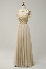 Bridesmaids Dresses Lavender, Champagne A-line Dot Appliques Illusion Neck Beaded Long Prom Dress