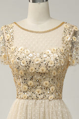 Small Wedding Ideas, Champagne A-line Dot Appliques Illusion Neck Beaded Long Prom Dress