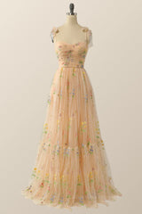 Prom Dresses Website, Champagne A-line Embroidered Long Formal Gown