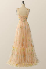 Prom Dresses Websites, Champagne A-line Embroidered Long Formal Gown