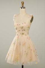 Bridesmaid Dress Mismatched, Champagne A-line Floral Short Princess Dress