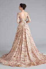 Evening Dress V Neck, A-Line Luxury Sequins Long Sleeve Backless Prom Dresses