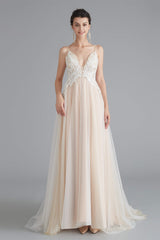 Prom Dress Ideas, Champagne A-line Prom Dresses with Lace Top