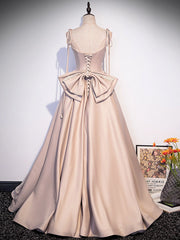 Prom Dress Short, Champagne A-Line Satin Long Prom Dress, Champagne Evening Dresses