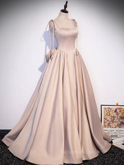 Evening Dresses Gold, Champagne A-Line Satin Long Prom Dress, Champagne Formal Evening Dress