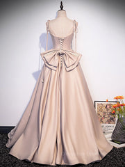 Evening Dresses For Over 75S, Champagne A-Line Satin Long Prom Dress, Champagne Formal Evening Dress