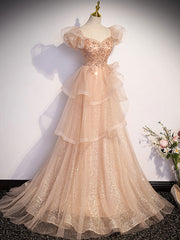Homecoming Dresses Simple, Champagne A-Line Tulle Beading Long Prom Dress, Champagne Formal Dresses