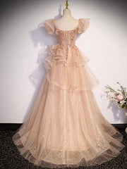 Homecoming Dresses Simpl, Champagne A-Line Tulle Beading Long Prom Dress, Champagne Formal Dresses