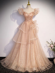 Homecoming Dress Simple, Champagne A-Line Tulle Beading Long Prom Dress, Champagne Formal Dresses