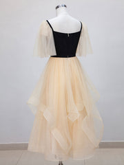 Evening Dresses With Sleeves, Champagne A-Line Tulle Short Prom Dresses, Champagne Formal Dress