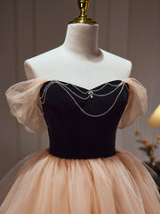 Prom Dress Blue Long, Champagne and Black Sweetheart Short Formal Dress, Tulle Homecoming Dress
