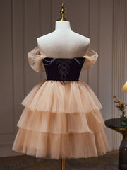 Prom Dress Off The Shoulder, Champagne and Black Sweetheart Short Formal Dress, Tulle Homecoming Dress