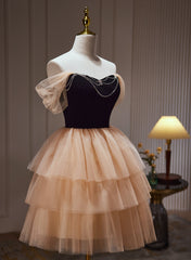 Prom Dress Long Blue, Champagne and Black Sweetheart Short Formal Dress, Tulle Homecoming Dress
