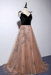 Homecomeing Dresses Short, Champagne and Black Vevet Long Party Dresess, Straps Long Formal Dresses