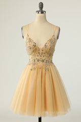 Wedding Guest Dress, Champagne Beaded A-line Short Tulle Homecoming Dress