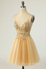 Prom Dress Ideas Black Girl, Champagne Beaded A-line Short Tulle Homecoming Dress