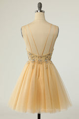 Prom Dress Two Piece, Champagne Beaded A-line Short Tulle Homecoming Dress