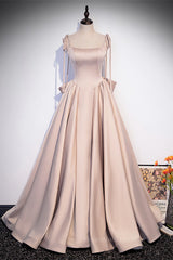 Strapless Dress, Champagne Beaded Bow Tie Straps Long Formal Dress with Bow Back